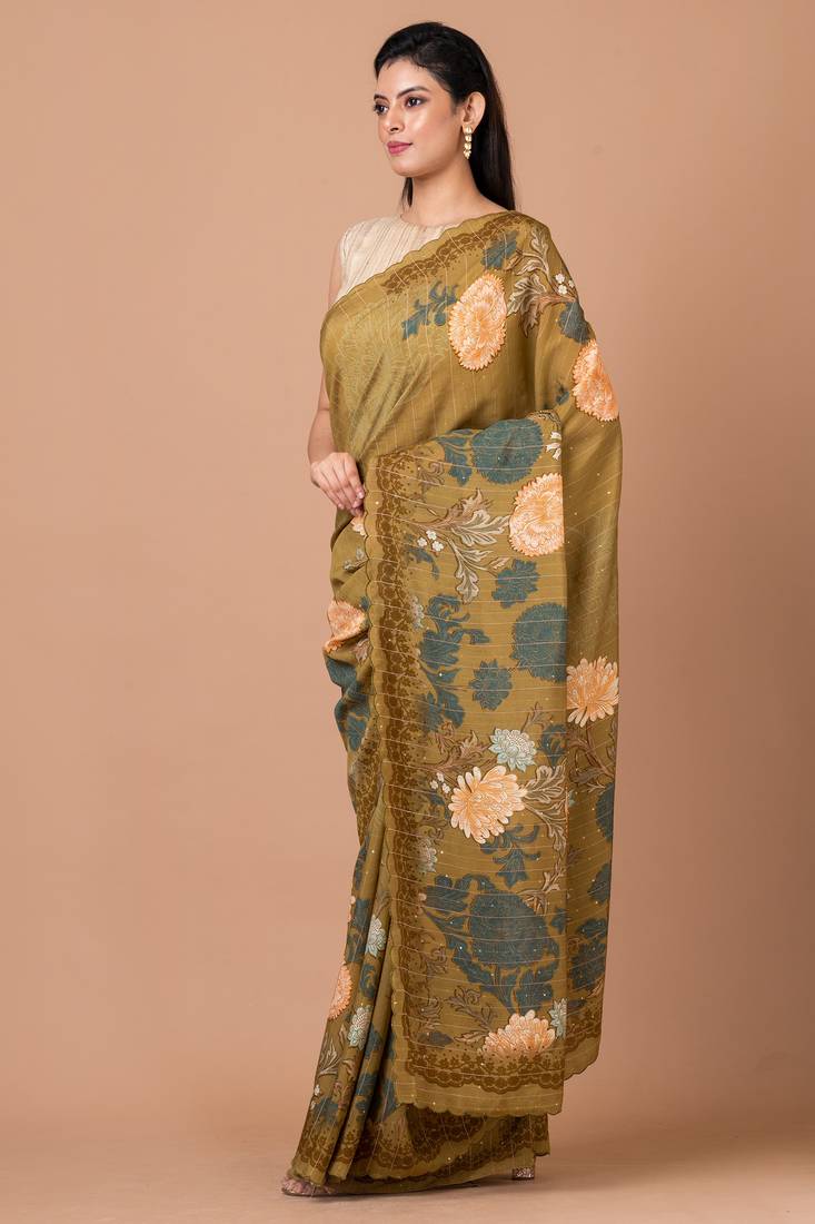 Indiloom Brown Digital Print Woven Sequence Crepe Saree With Blouse Piece