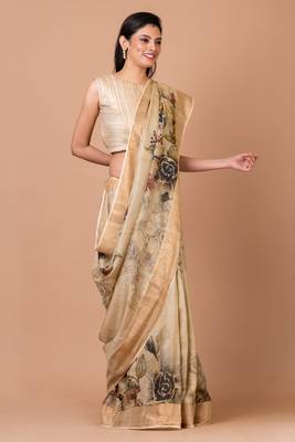 Indiloom Beige Digital Print Tussar Zari Saree With Blouse Piece 1