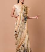 Indiloom Beige Digital Print Tussar Zari Saree With Blouse Piece