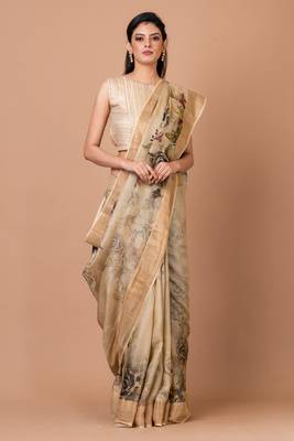 Indiloom Beige Digital Print Tussar Zari Saree With Blouse Piece 2