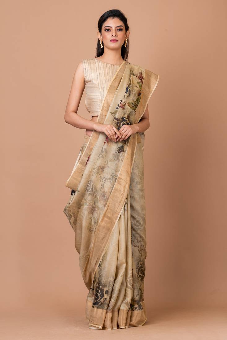 Indiloom Beige Digital Print Tussar Zari Saree With Blouse Piece