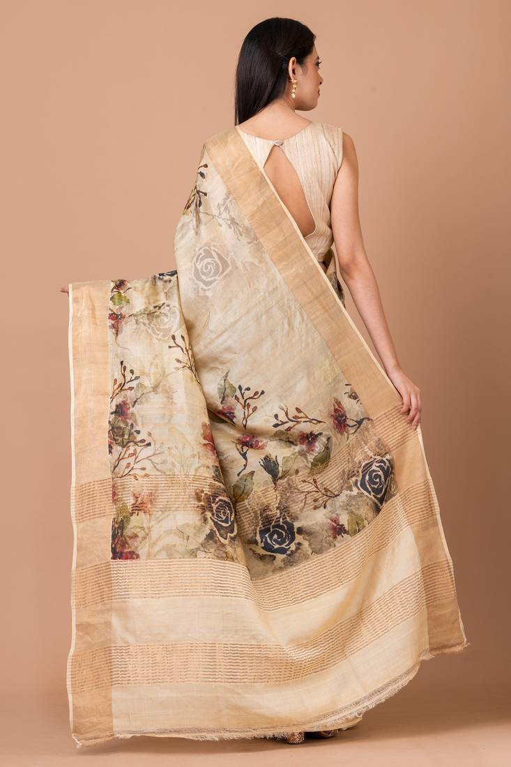 Indiloom Beige Digital Print Tussar Zari Saree With Blouse Piece