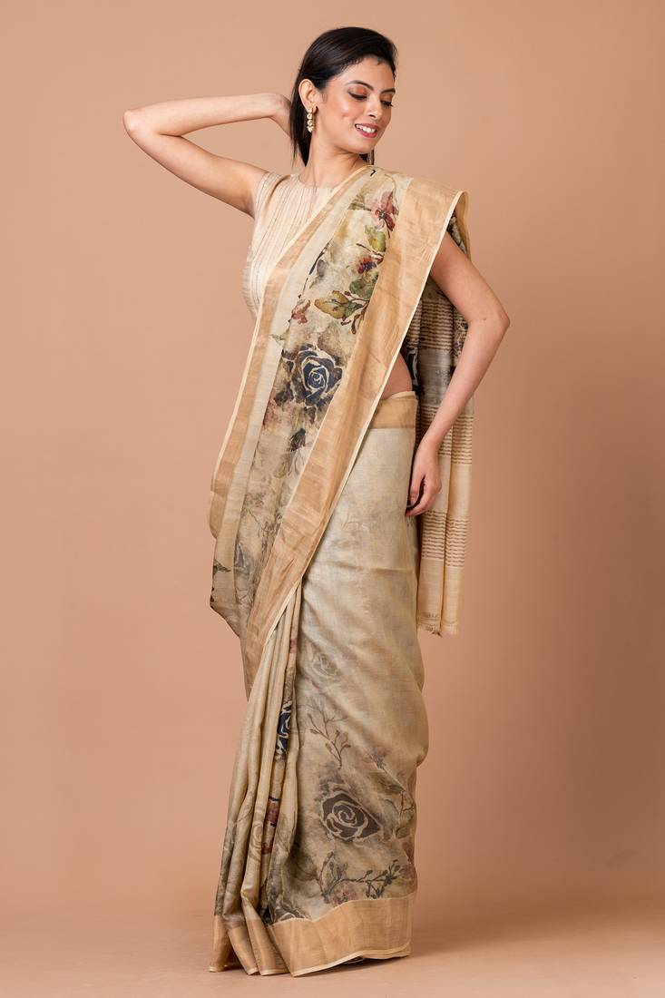 Indiloom Beige Digital Print Tussar Zari Saree With Blouse Piece