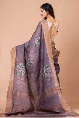 Indiloom Moderate Purple Digital Print Tussar Zari Saree With Blouse Print 2