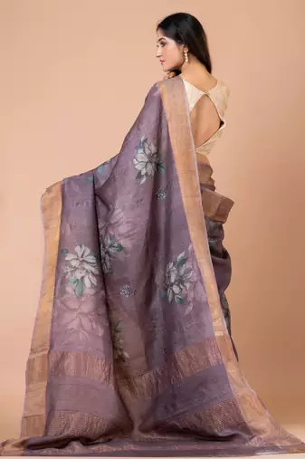 Indiloom Moderate Purple Digital Print Tussar Zari Saree With Blouse Print