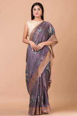 Indiloom Moderate Purple Digital Print Tussar Zari Saree With Blouse Print 3