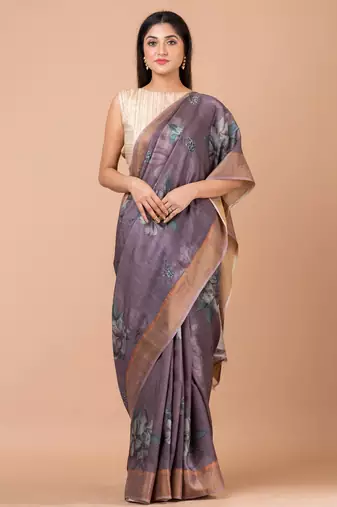 Indiloom Moderate Purple Digital Print Tussar Zari Saree With Blouse Print
