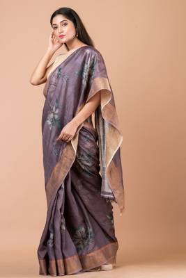 Indiloom Moderate Purple Digital Print Tussar Zari Saree With Blouse Print 4