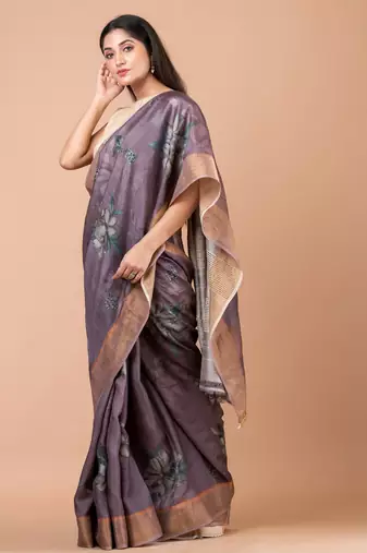 Indiloom Moderate Purple Digital Print Tussar Zari Saree With Blouse Print