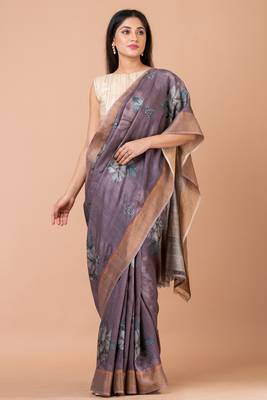 Indiloom Moderate Purple Digital Print Tussar Zari Saree With Blouse Print 1