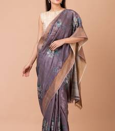 Indiloom Moderate Purple Digital Print Tussar Zari Saree With Blouse Print