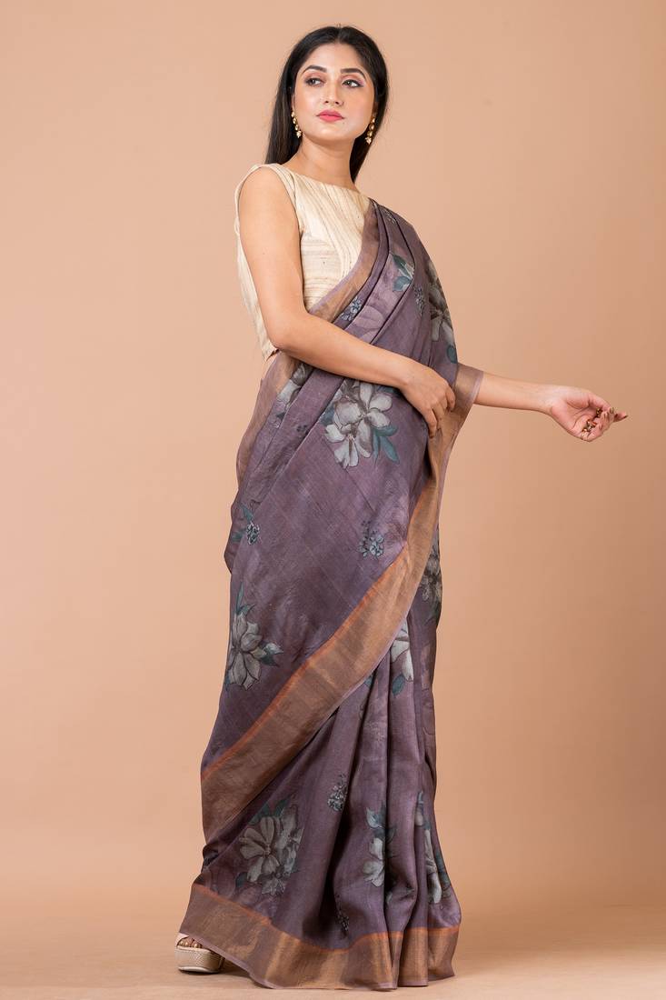 Indiloom Moderate Purple Digital Print Tussar Zari Saree With Blouse Print