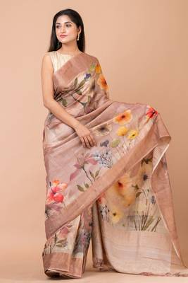 Indiloom Beige Digital Print Tussar Zari Saree With Blouse Print 1