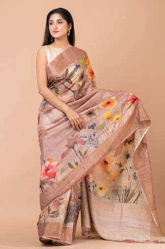 Indiloom Beige Digital Print Tussar Zari Saree With Blouse Print
