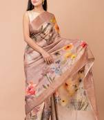 Indiloom Beige Digital Print Tussar Zari Saree With Blouse Print