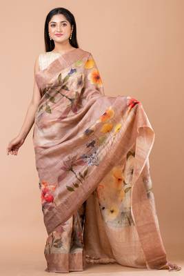 Indiloom Beige Digital Print Tussar Zari Saree With Blouse Print 2