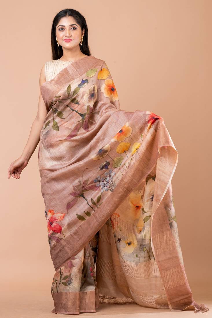 Indiloom Beige Digital Print Tussar Zari Saree With Blouse Print