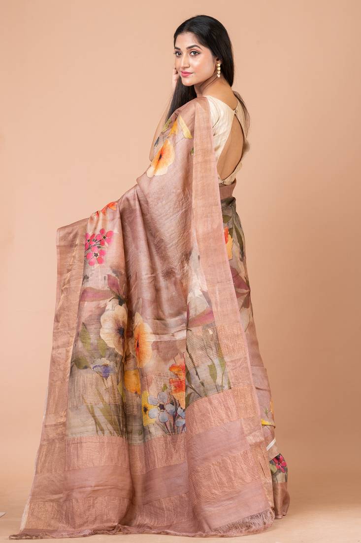 Indiloom Beige Digital Print Tussar Zari Saree With Blouse Print