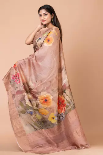 Indiloom Beige Digital Print Tussar Zari Saree With Blouse Print