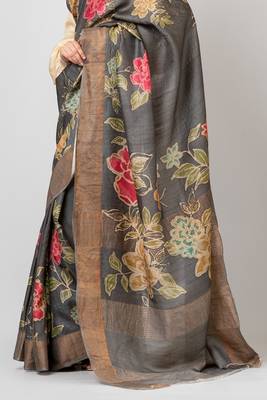 Indiloom Grey Digital Print Tussar Zari Saree With Blouse Print 2