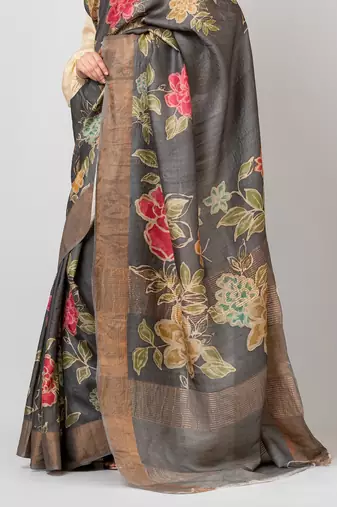 Indiloom Grey Digital Print Tussar Zari Saree With Blouse Print