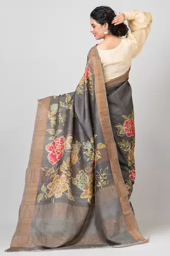 Indiloom Grey Digital Print Tussar Zari Saree With Blouse Print