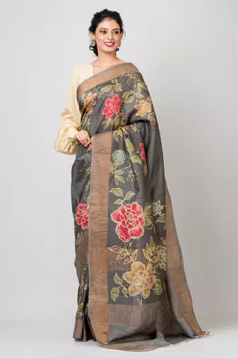 Indiloom Grey Digital Print Tussar Zari Saree With Blouse Print