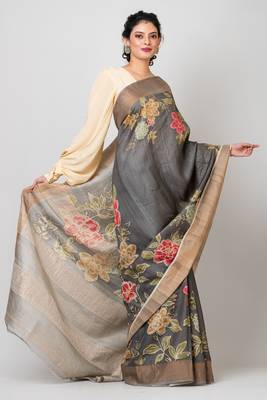Indiloom Grey Digital Print Tussar Zari Saree With Blouse Print 1