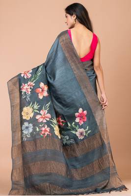 Indiloom Grey Digital Print Tussar Zari Saree With Blouse Print 2