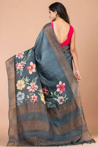 Indiloom Grey Digital Print Tussar Zari Saree With Blouse Print