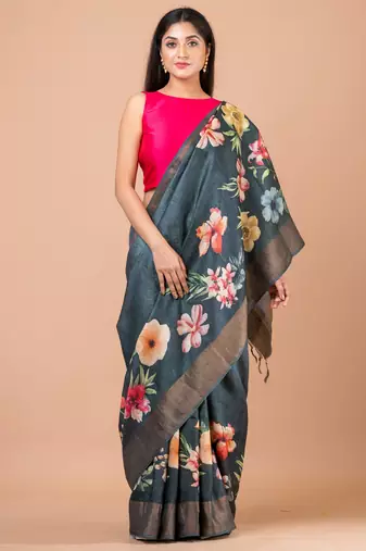 Indiloom Grey Digital Print Tussar Zari Saree With Blouse Print