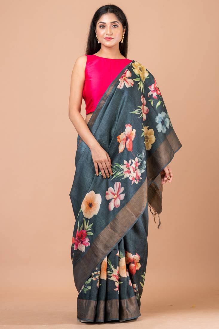 Indiloom Grey Digital Print Tussar Zari Saree With Blouse Print