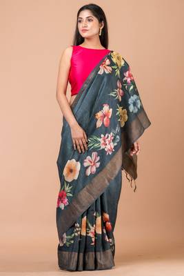 Indiloom Grey Digital Print Tussar Zari Saree With Blouse Print 1