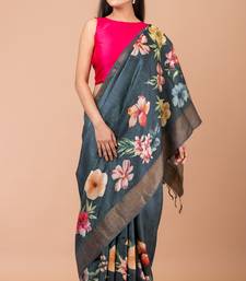 Indiloom Grey Digital Print Tussar Zari Saree With Blouse Print