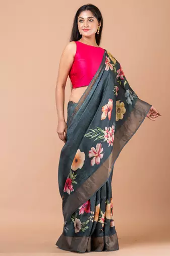 Indiloom Grey Digital Print Tussar Zari Saree With Blouse Print