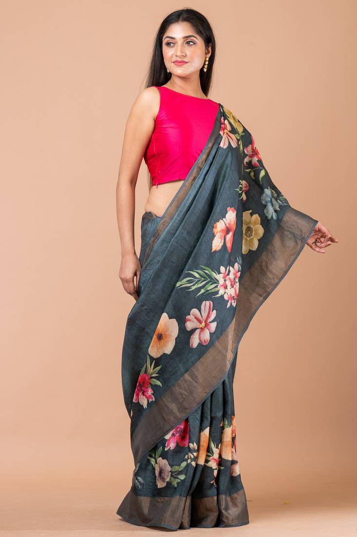 Indiloom Grey Digital Print Tussar Zari Saree With Blouse Print