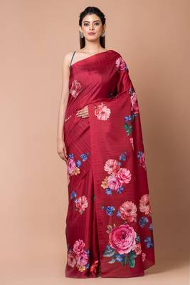 Indiloom Dark Fushia Digital Print Semi Tussar Saree With Blouse Piece 1