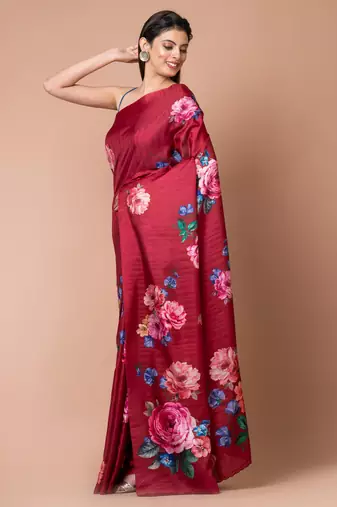 Indiloom Dark Fushia Digital Print Semi Tussar Saree With Blouse Piece