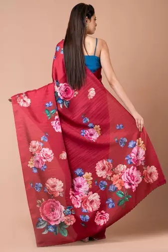 Indiloom Dark Fushia Digital Print Semi Tussar Saree With Blouse Piece