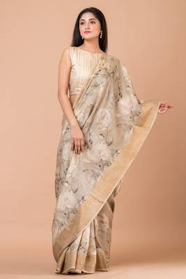 Indiloom Beige Digital Print Tussar Zari Saree With Blouse Print 1