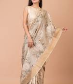 Indiloom Beige Digital Print Tussar Zari Saree With Blouse Print