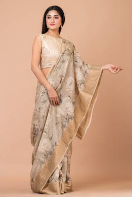 Indiloom Beige Digital Print Tussar Zari Saree With Blouse Print 2