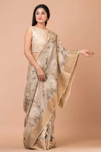 Indiloom Beige Digital Print Tussar Zari Saree With Blouse Print