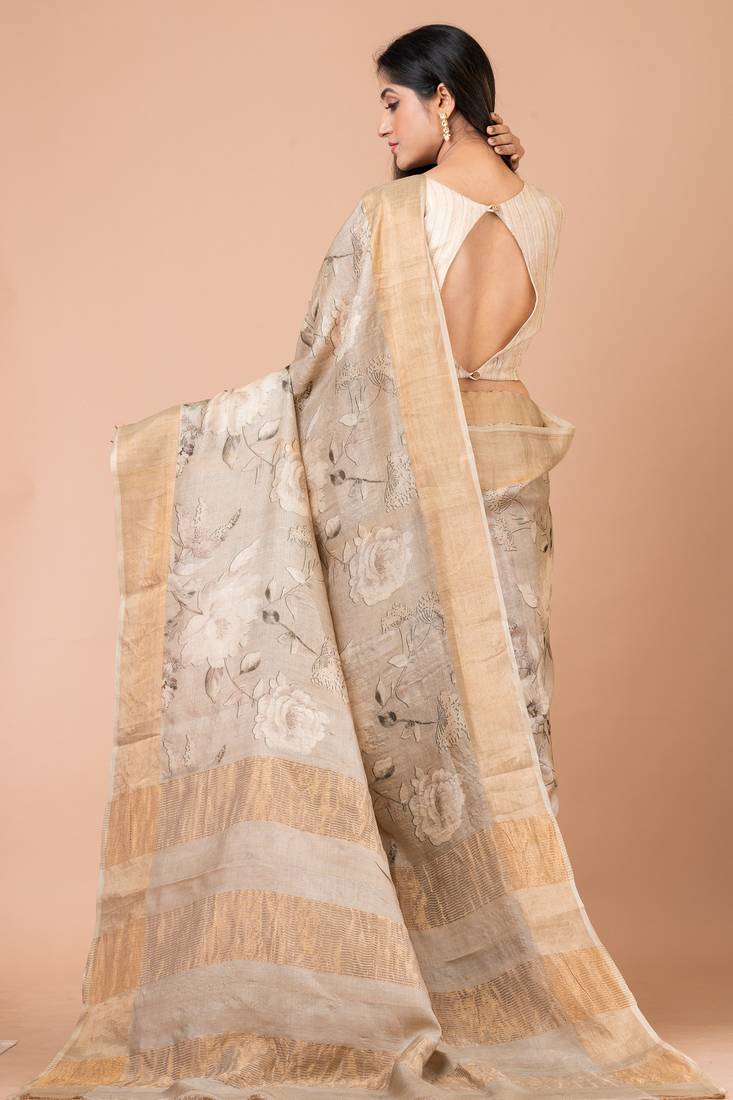 Indiloom Beige Digital Print Tussar Zari Saree With Blouse Print