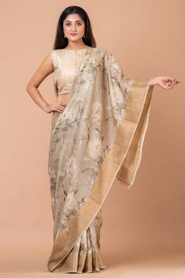 Indiloom Beige Digital Print Tussar Zari Saree With Blouse Print 4