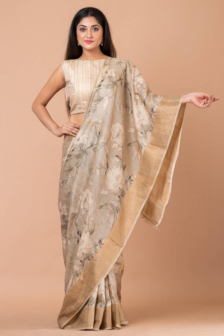 Indiloom Beige Digital Print Tussar Zari Saree With Blouse Print