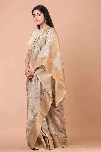 Indiloom Beige Digital Print Tussar Zari Saree With Blouse Print