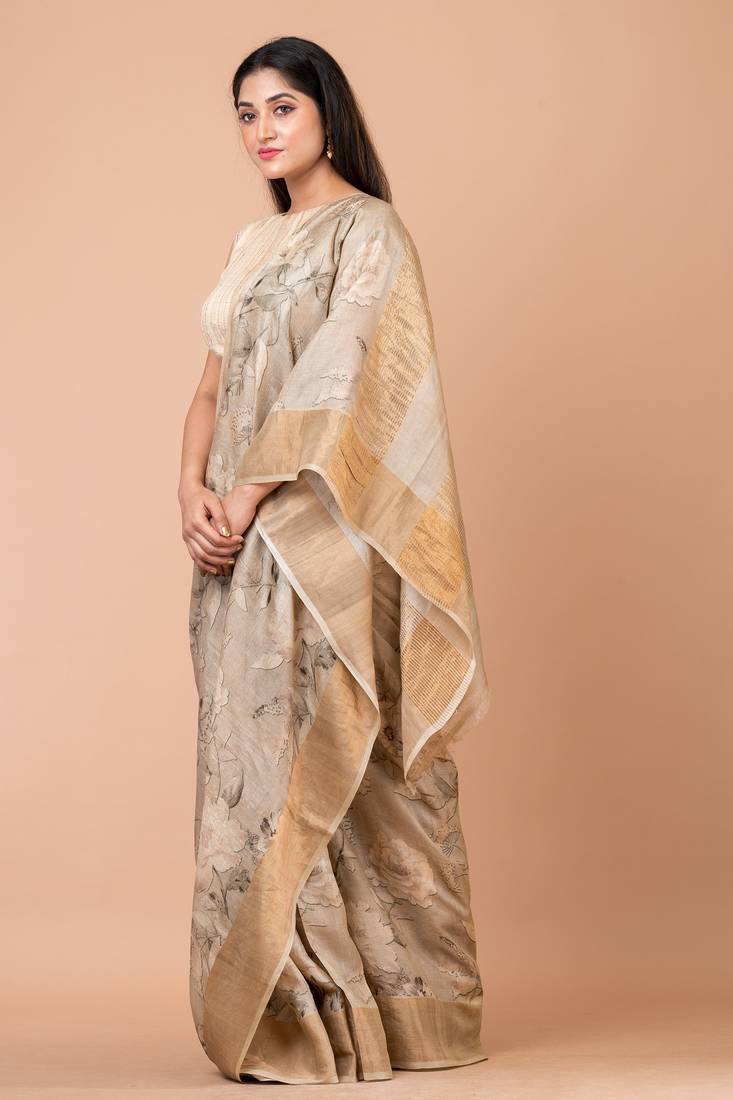 Indiloom Beige Digital Print Tussar Zari Saree With Blouse Print
