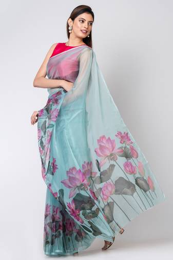 Indiloom Green Digital Print Organza Saree With Blouse Piece