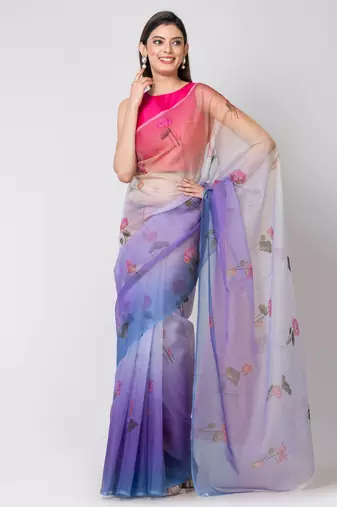 Indiloom Multi Color Digital Print Organza Saree With Blouse Piece